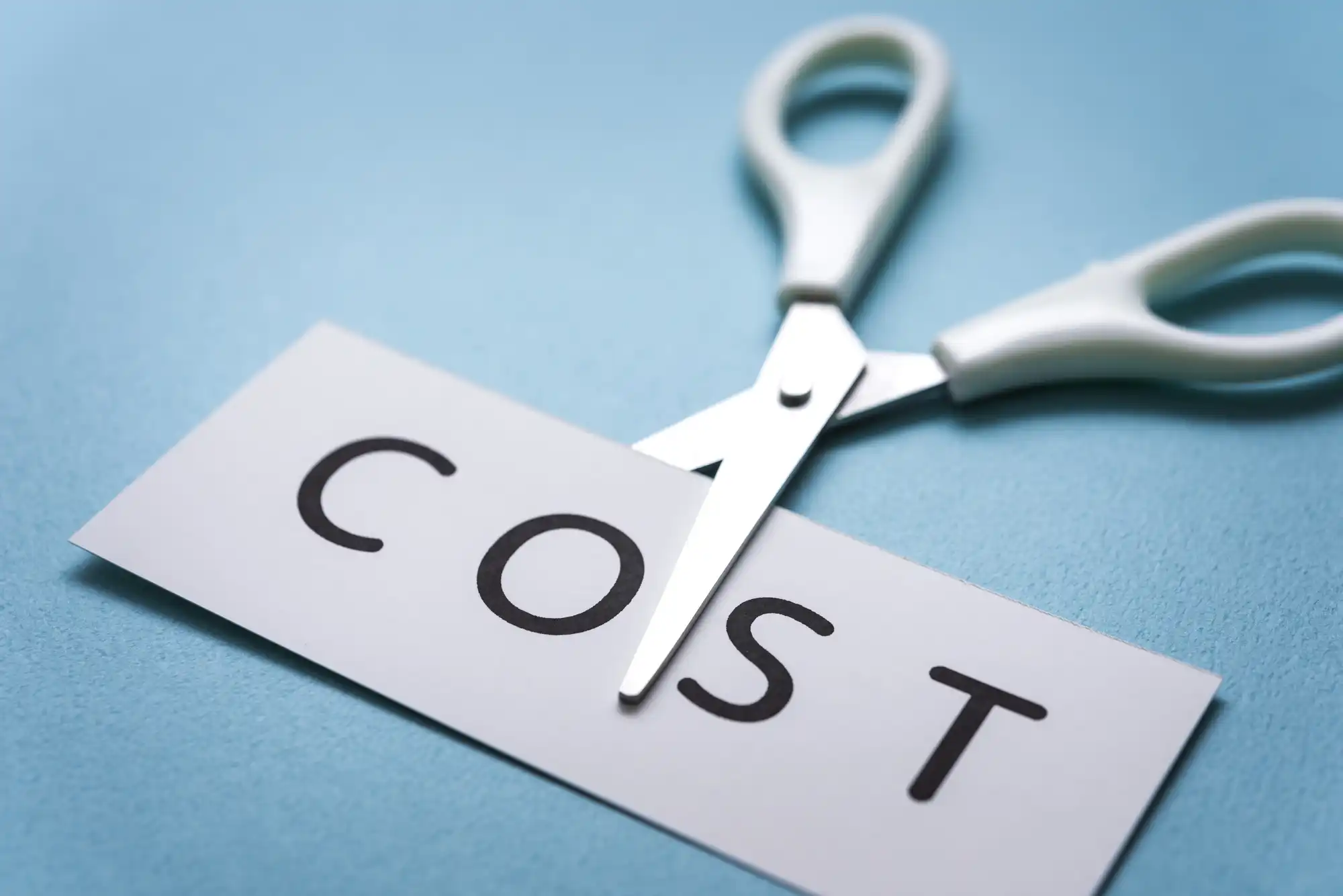 COSTと書かれた紙をハサミで切っている