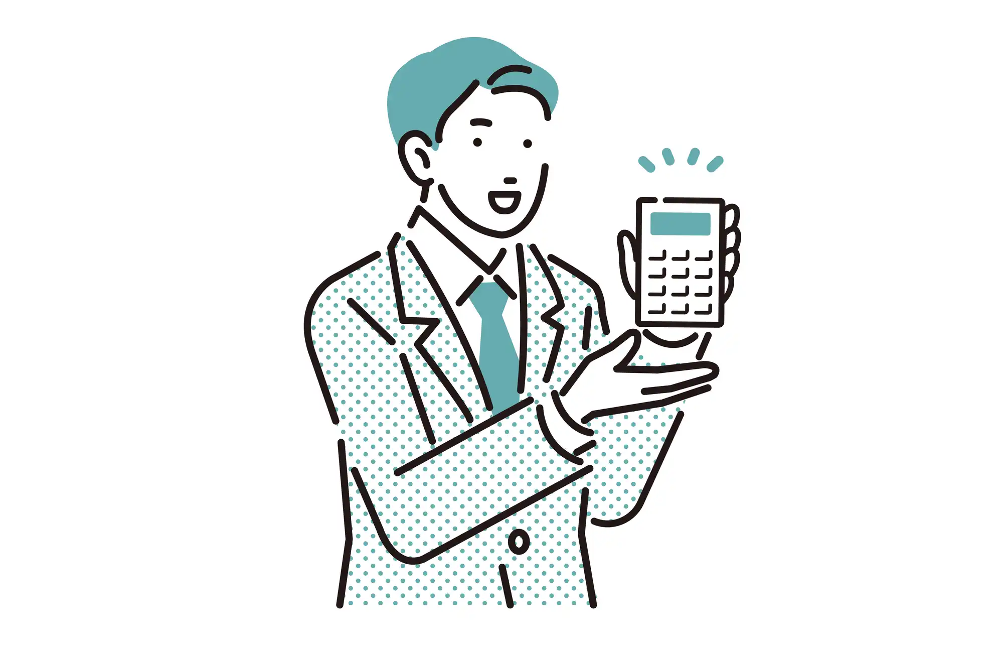 電卓を持ったサラリーマンが説明しているイラスト